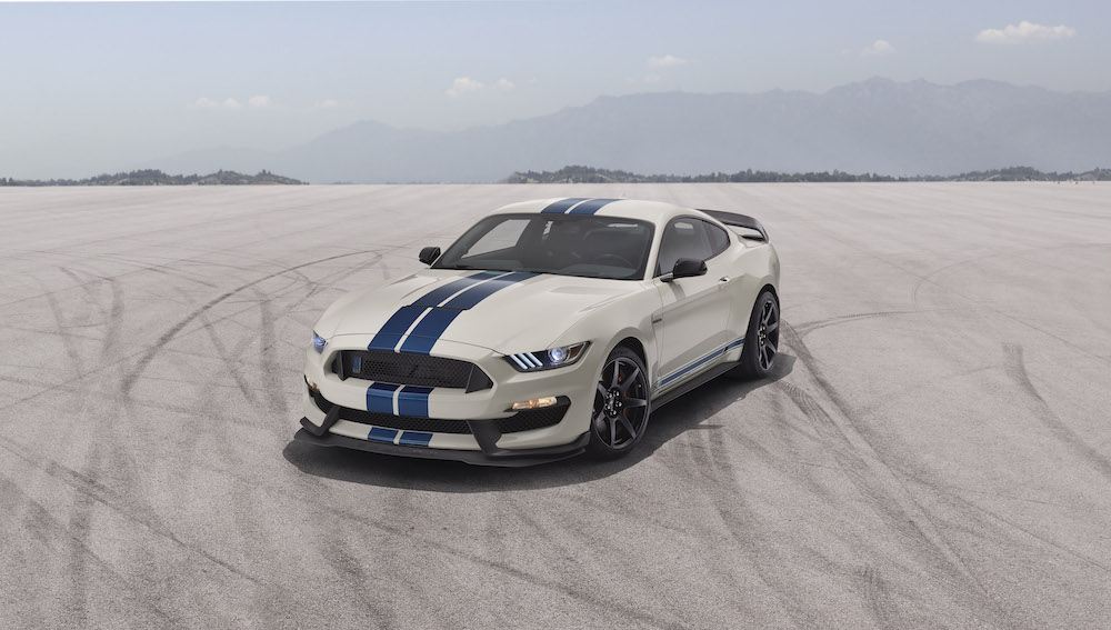 Heritage Edition Package available on 2020 Mustang Shelby GT350 and GT350R models features a unique throwback livery with Wimbledon White paint and Guardsman Blue side and over-the-top racing stripes