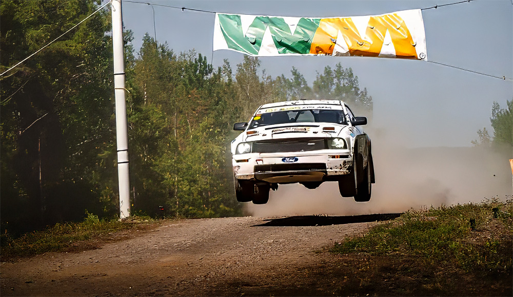 S197 Mustang GT Stage Rally Car Jumping at New England Forest Rally